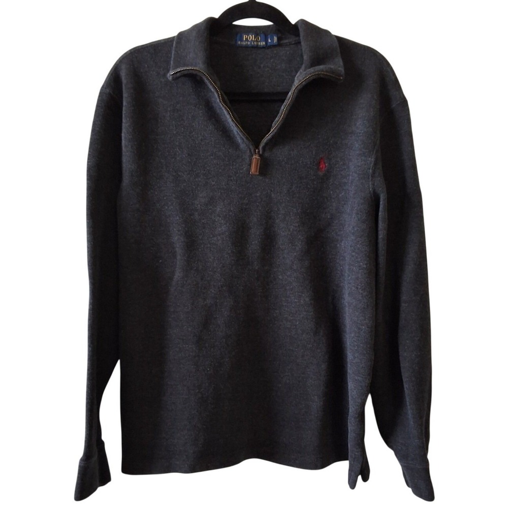 POLO RALPH LAUREN Mens L Gray Sweater /4 Zip Pullover Logo Preppy Equestrian